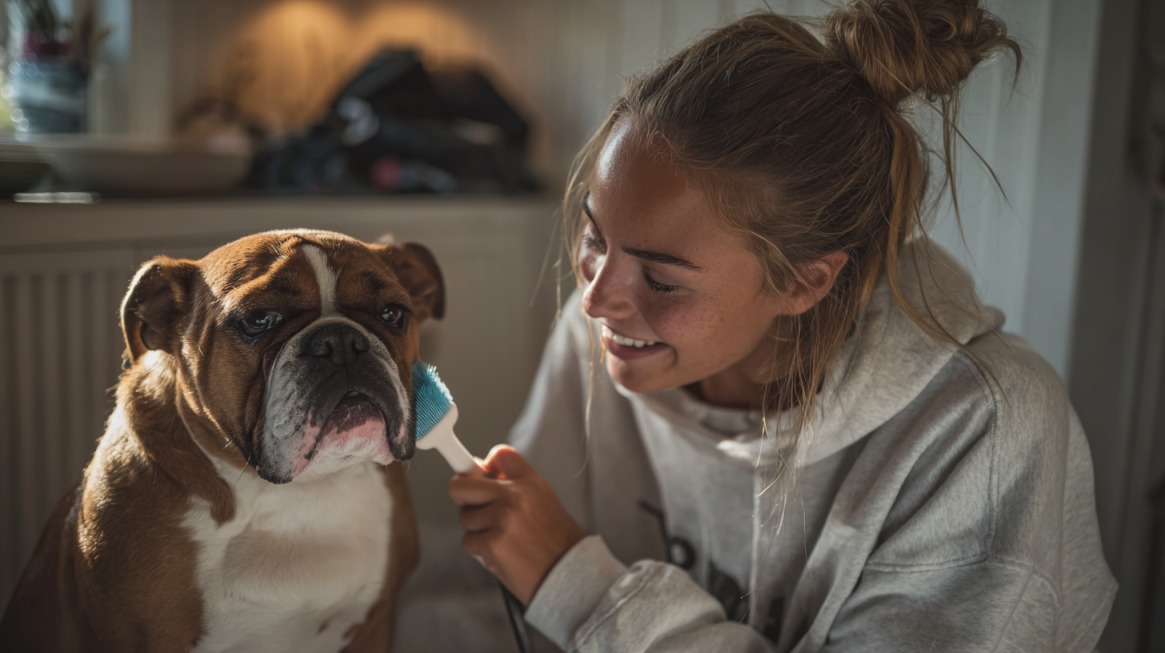 Mlada žena četka lice buldoga u toploj kućnoj atmosferi, prikazujući negu i brigu o kućnim ljubimcima kao vid posla
