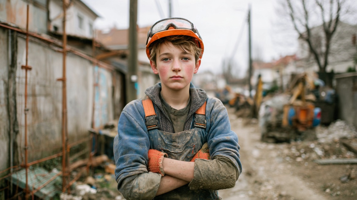 Dečak u radnoj uniformi i zaštitnoj opremi stoji na gradilištu, što ukazuje na maloletnika uključenog u težak i potencijalno opasan fizički rad