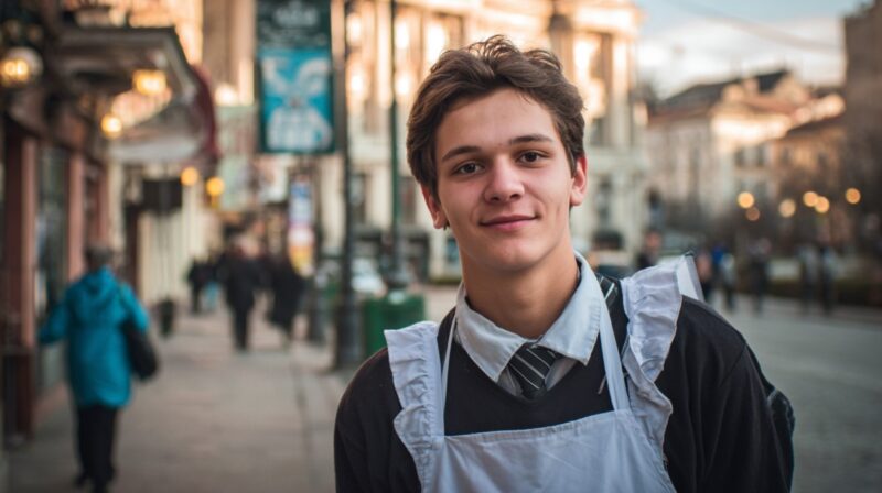 Tinejdžer u radnoj kecelji stoji na ulici i smeši se, deluje kao da radi u uslužnoj delatnosti