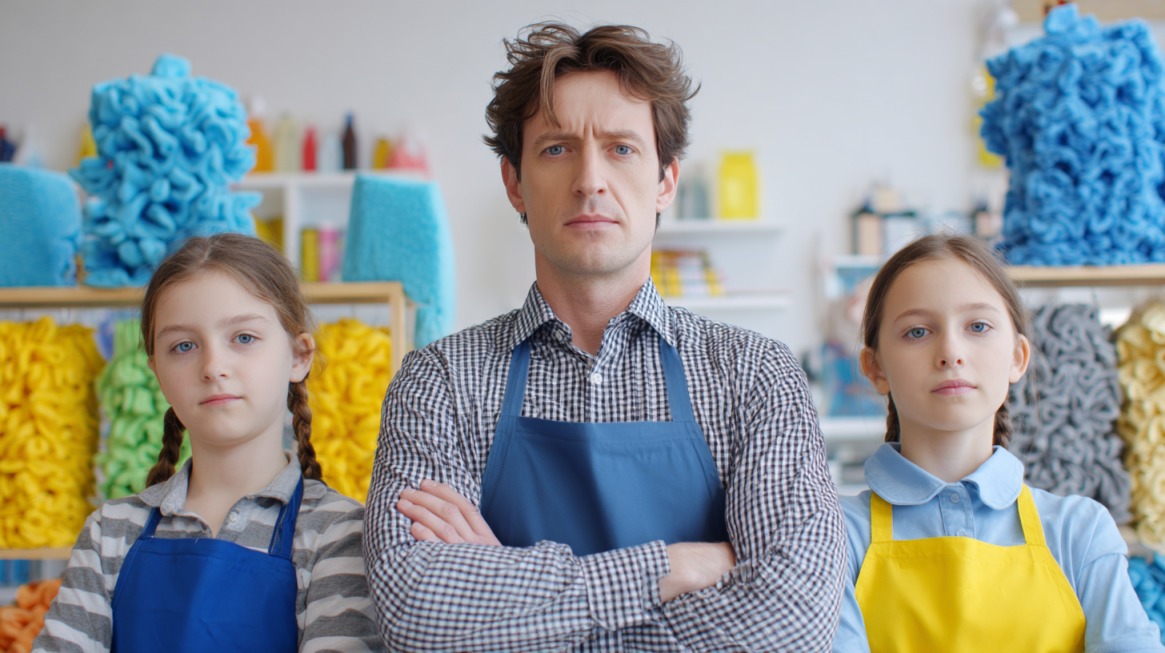 Odrasla osoba stoji između dvoje maloletnika u radnim keceljama, u prodavnici ili radionici, što simbolizuje teme zapošljavanja dece i zakonskih ograničenja