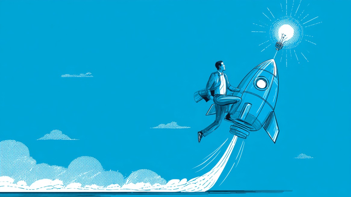 Ilustracija poslovnog čoveka koji jaše raketu koja leti ka svetlećoj sijalici, simbolizujući ideju i preduzetnički rast