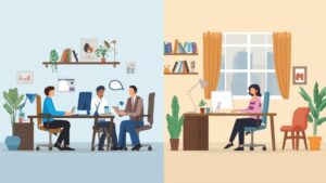 Ilustracija poređenja rada u kancelariji i rada od kuće sa timskim radom na jednoj strani i samostalnim radom za kućnim stolom na drugoj strani.