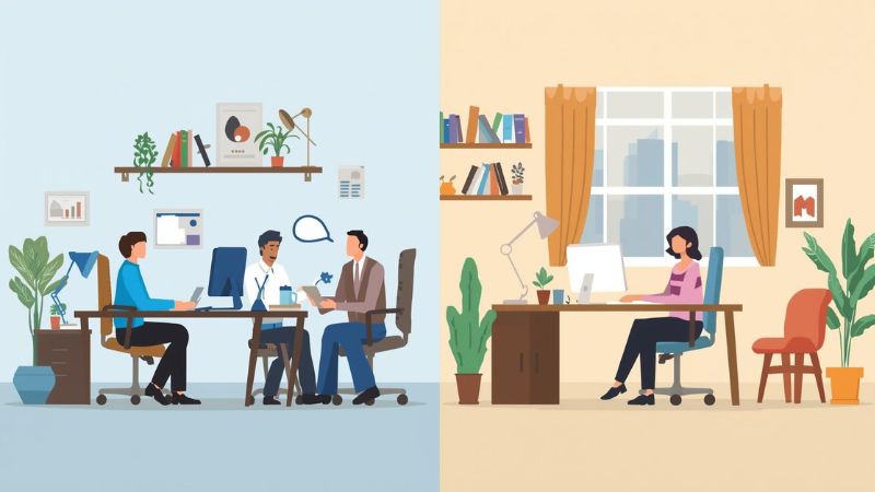 Ilustracija poređenja rada u kancelariji i rada od kuće sa timskim radom na jednoj strani i samostalnim radom za kućnim stolom na drugoj strani.