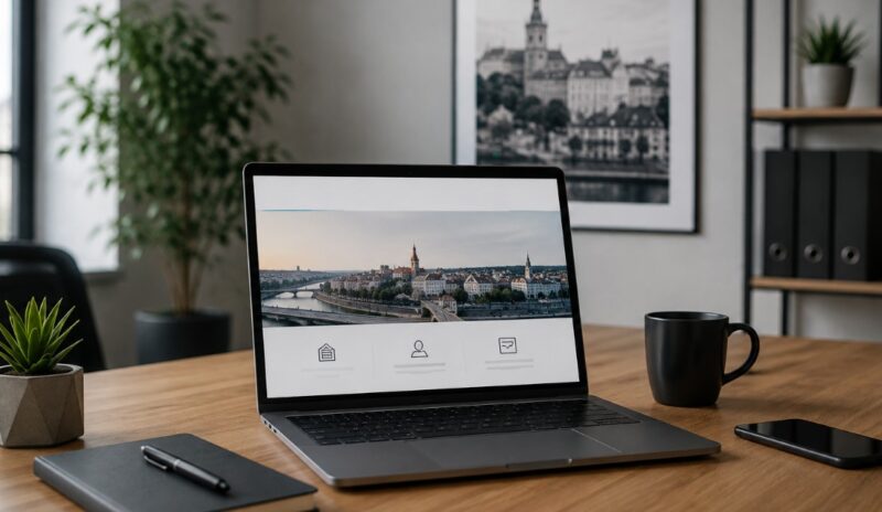 Laptop na urednom kancelarijskom stolu prikazuje moderan poslovni sajt, uz svesku, telefon, šolju kafe i diskretne detalje enterijera