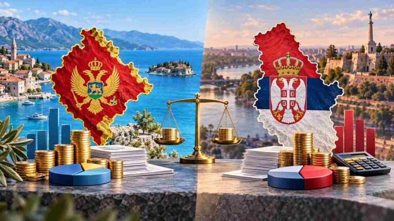 Mape Srbije i Crne Gore uz novac i vagu kao simbol poreza na dobit.