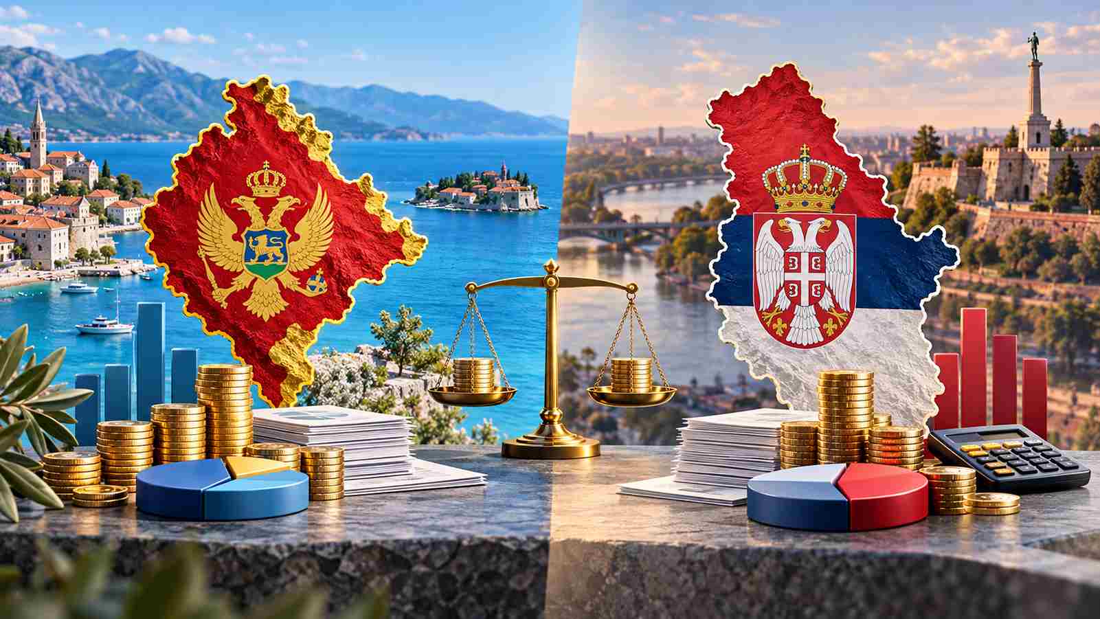 Mape Srbije i Crne Gore uz novac i vagu kao simbol poreza na dobit.