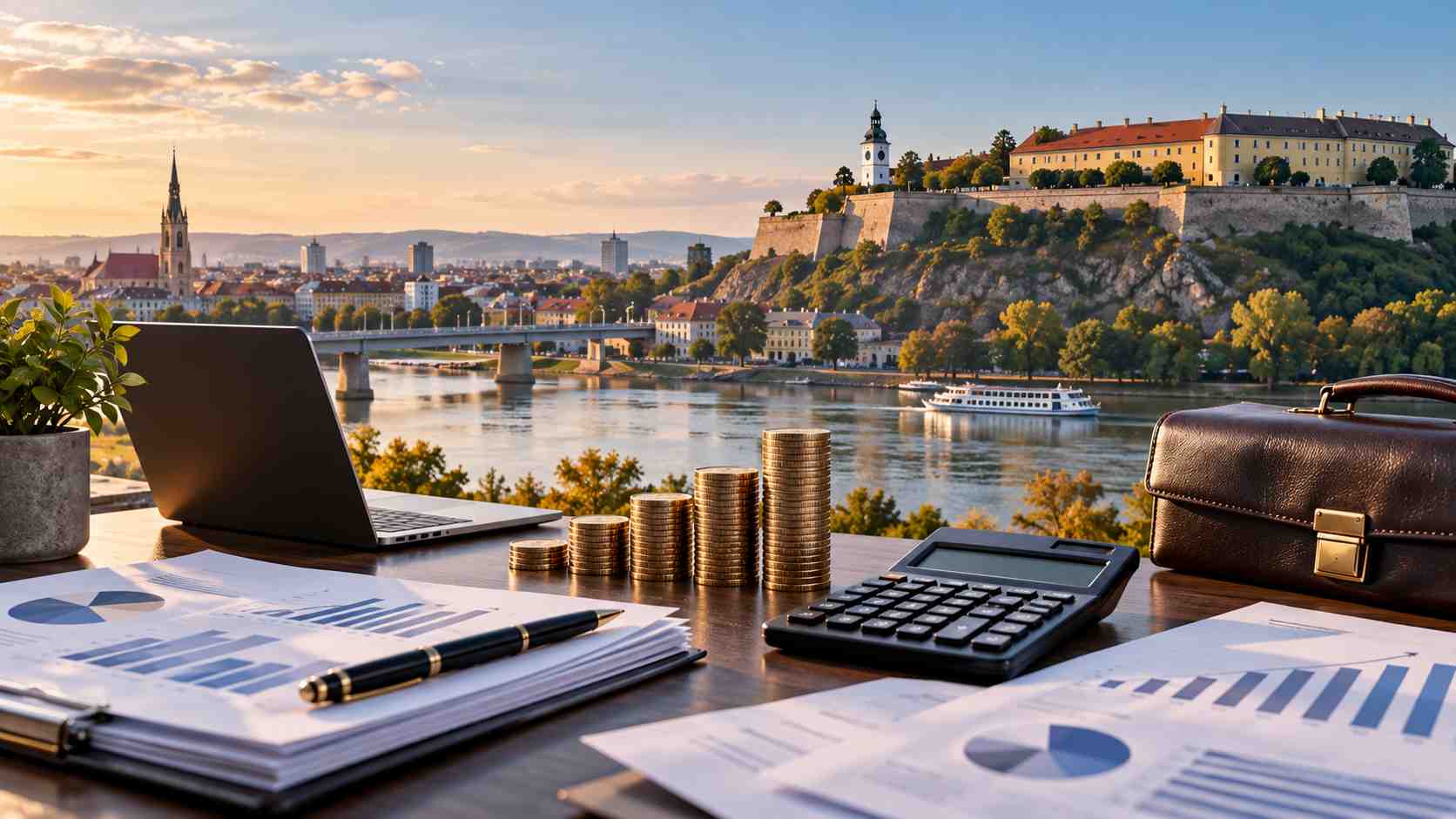 Novi Sad sa poslovnim motivima koji predstavljaju porez na dobit u Srbiji.