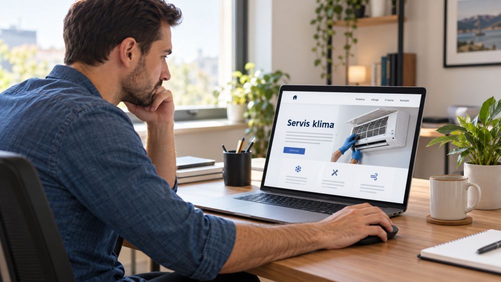 Vlasnik servisa klima uređaja analizira ponudu na poslovnom sajtu preko laptopa.