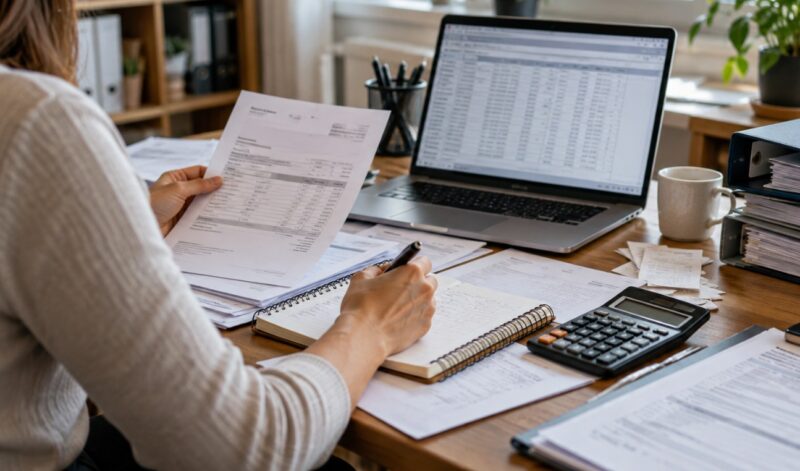 Preduzetnica za radnim stolom proverava fakture i poslovnu evidenciju na laptopu, uz kalkulator, dokumentaciju i registratore